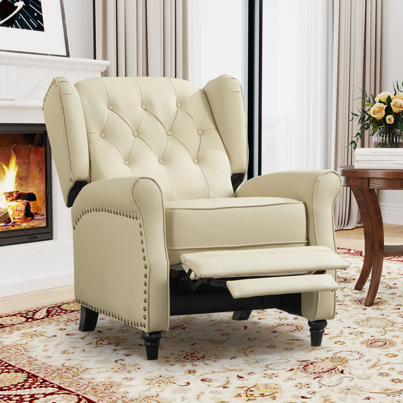 31.1" Wide Classic Top Grain Leather Push Back Recliner With Wingback Design, Beige crème