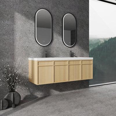 Meuble-lavabo mural 60 po avec double lavabo en résine, 4 portes à fermeture douce, chêne original, contreplaqué (KD-PACKING)