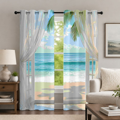 2Pcs Tropical Ocean View Curtains, Scenic Seascape Style Curtain, Realistic Palm Tree Beach Printed Art Grommet Drapes, Window Treatment for Bedroom Living Room Decor