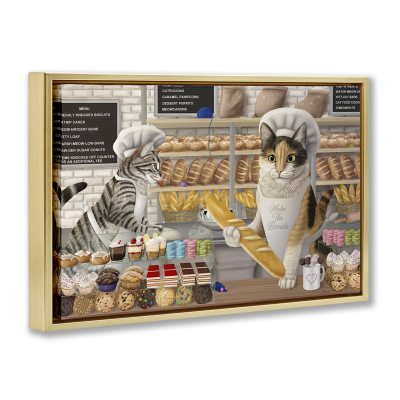  Meow Bakery Funny Cats Canvas by Mehu Art, H 21 po x l 31 po, Cadre flottant métallique doré