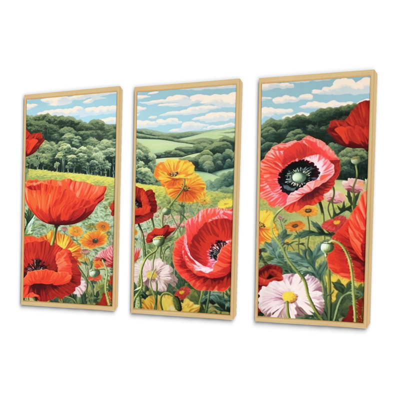 «Vibrant Red Poppy Field Dreams», ensemble d'art sur toile coquelicot, Cadre naturel flottant, H 32 po x l 48 po x P 1 po