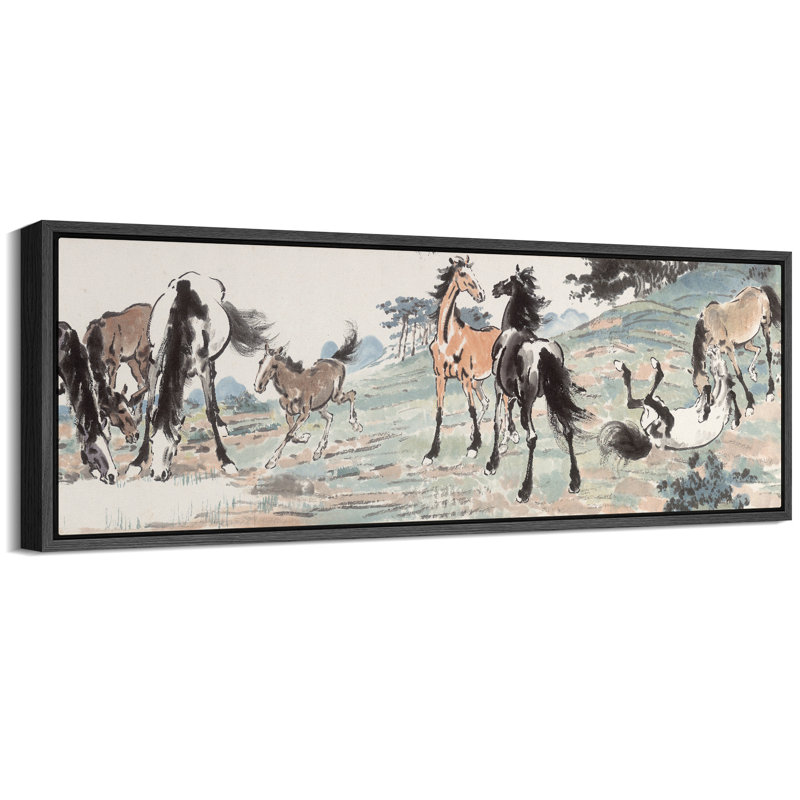 Aquarelle de chevaux dans un pré, art moderne, H 20 po x l 60 po, Noir, noir, noir, noir