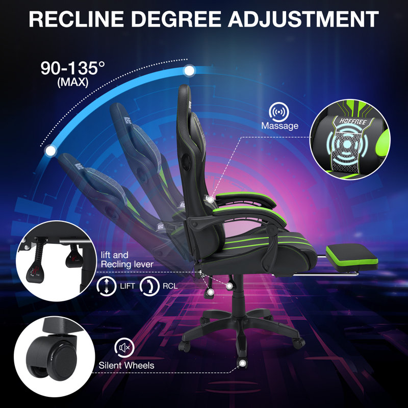 Inbox Zero Ergonomic Gaming Chair with Speakers RGB LED Lights and Massage, Green