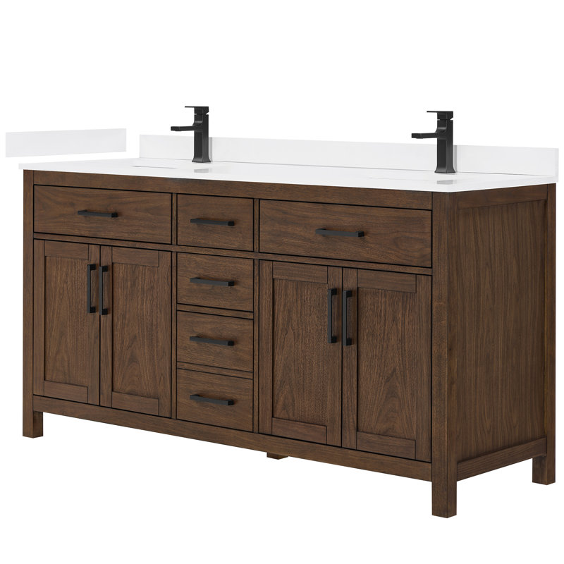 Beckett 66" Freestanding Double Bathroom Vanity with Cultured Marble Top, Dark Walnut, Brushed Nickel, White Cultured Marble