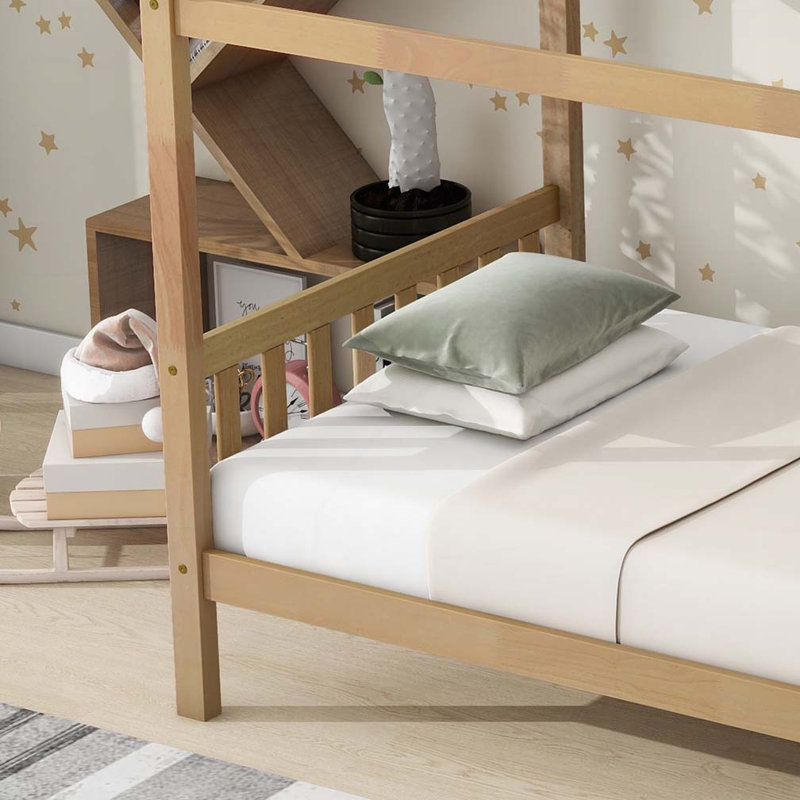 Lit simple avec tête et pied de lit, lit simple en bois d'hévéa avec cadre de maison, chêne blanc, Chêne blanc