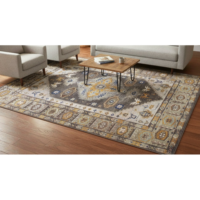 Tapis gris anthracite et vert en laine noué à la main Oushak - motif à médaillon traditionnel avec bordure ivoire, tapis de style oriental rétro