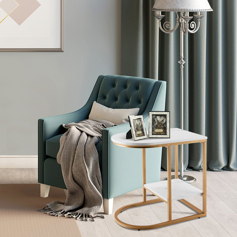 2 pièces table d'appoint en forme de C, table de bout à 2 niveaux avec rangement moderne