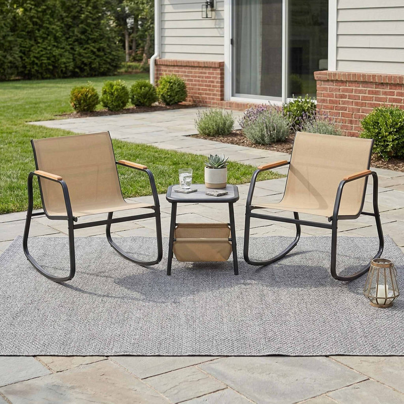Ensemble bistro 3 pièces toutes saisons, 2 chaises berçantes à glissement en douceur, 1 table d'appoint robuste avec sac de rangement assorti pratique, convient au patio, à la cour ou à la terrasse