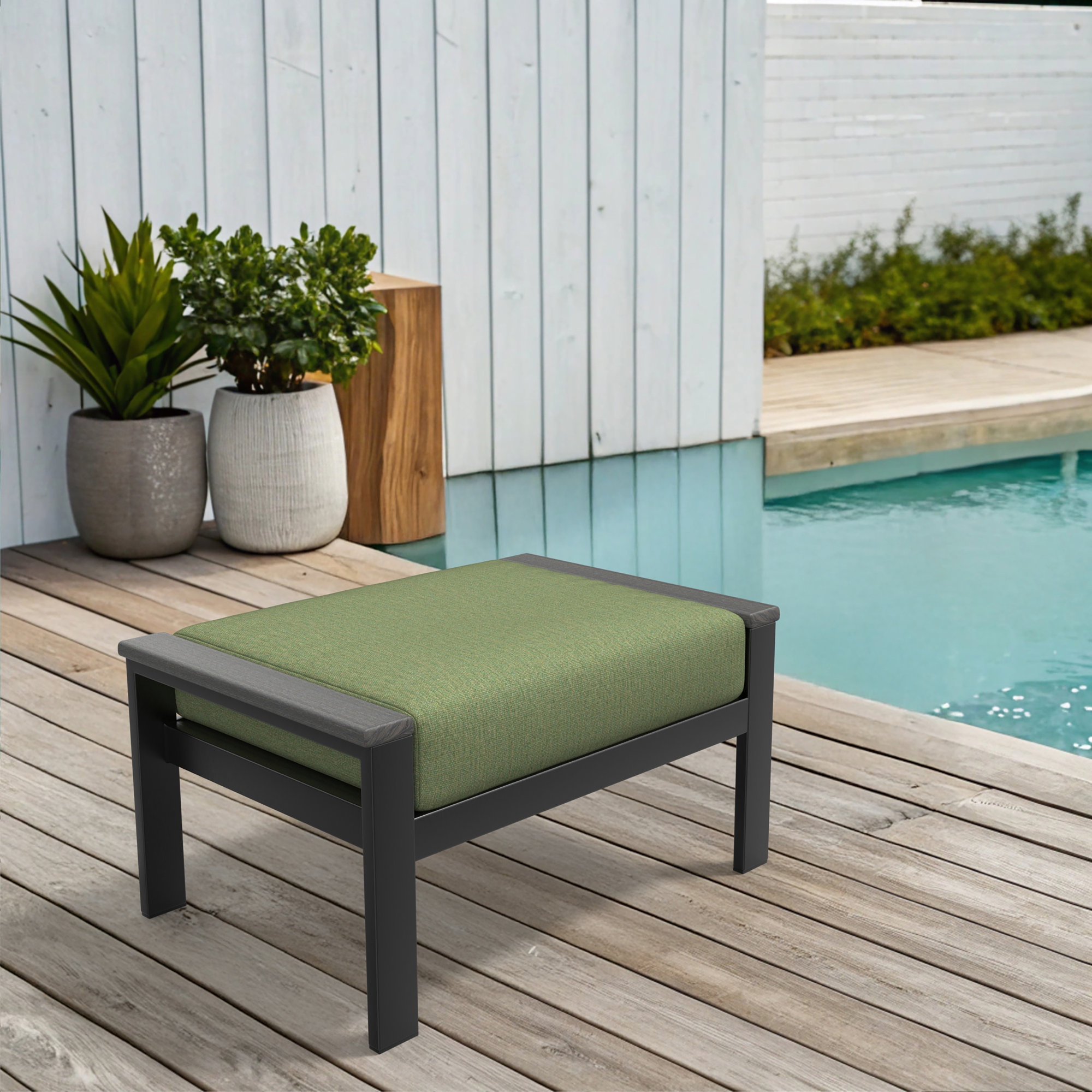 Townsend Outdoor Ottoman with Sunbrella Cushions, Canvas Fern
