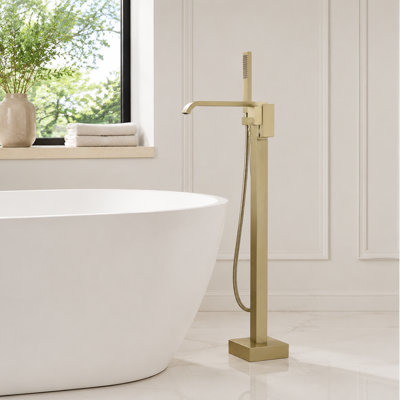 Single-Handle Freestanding Tub Faucet with Hand Shower in Brushed Gold