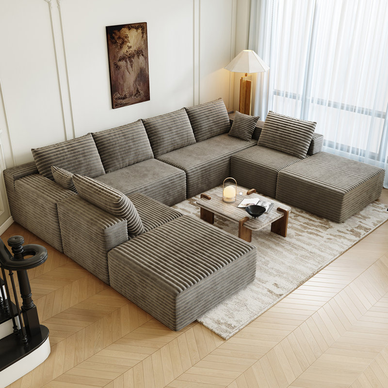 139.4" Modular Sectional Sofa Couch, Oversized  U-Shaped Minimalist Couches with 2 Ottomans Chaise and 2 Middle Seats, Modern Deep Seat Cloud Plush Corduroy Sofas Set for Living Room, 8 Seater