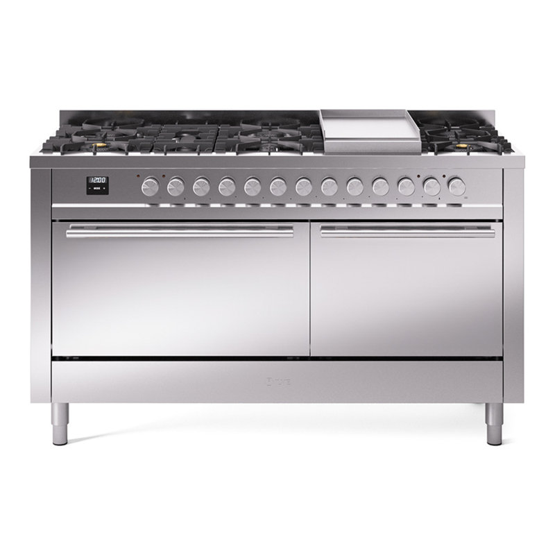 Cuisinière à double combustible ILVE Professional Plus II Series 60 po avec 9 brûleurs scellés et plaque de cuisson (propane liquide, porte pleine)