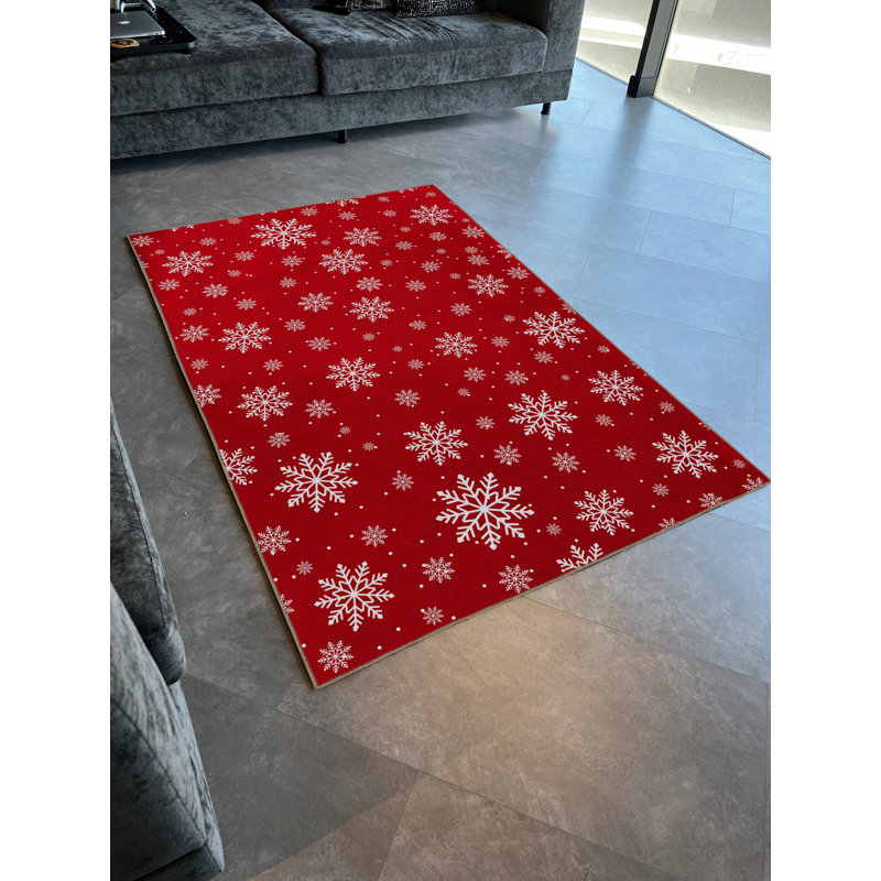 Tapis décoratif rouge à motif de flocons de neige rouge, Rectangle 3 pi 11,24 po x 5 pi 10,87 po