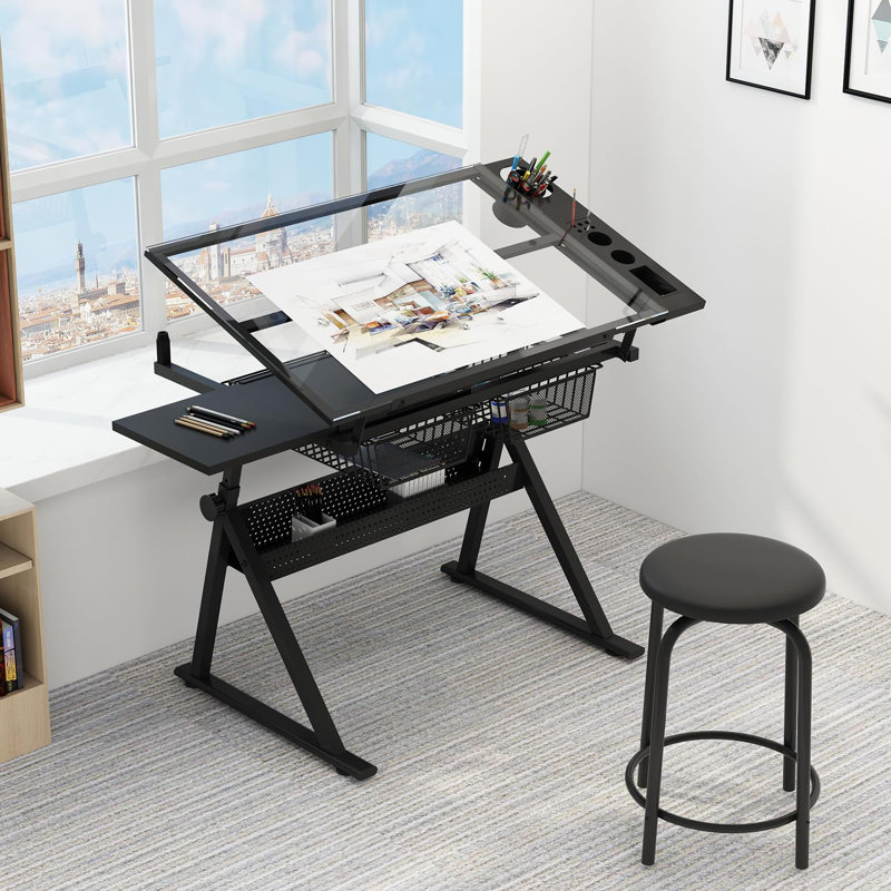 Table à dessin à hauteur réglable avec tabouret, bureau de dessin multifonctionnel avec plateau en verre inclinable et 2 tiroirs de rangement pour l'art, l'artisanat, la peinture, le bureau personnel - noir