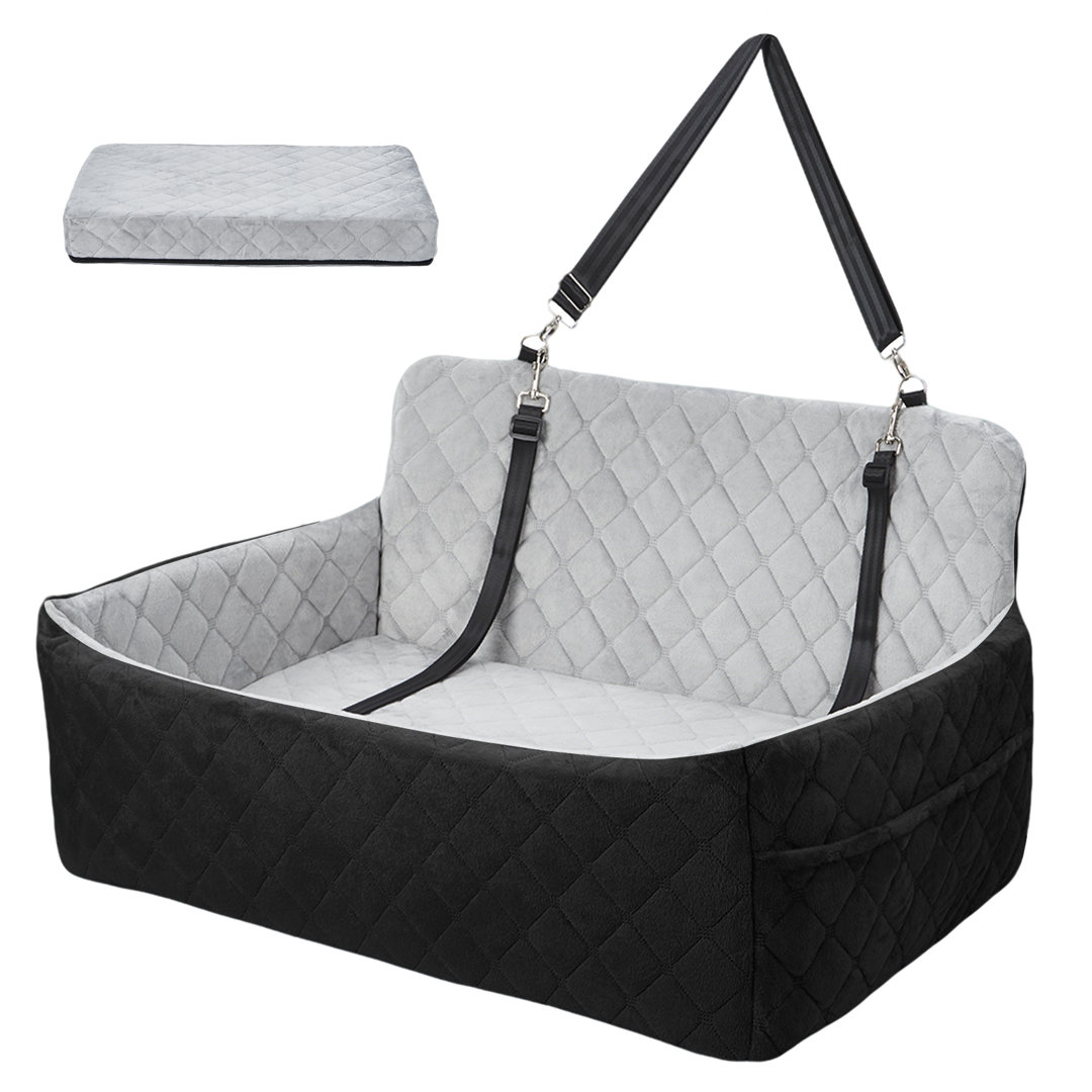 Memory Foam Large Dog Car Booster Seat with Thick Cushion, 2 Adjustable Safety Leashes, Washable Portable Pet Bed for Dogs Under 25kg or Two Small Dog