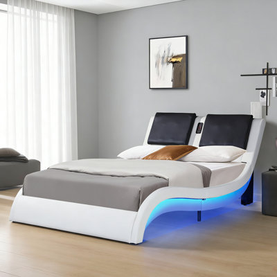 Queen Bed Frame, Faux Leather Upholstered Platform With Led Lighting, For Music, Vibration Massage, Curve Design, Wood Slat Support, No Box Spring, White , Atmosphere Lights, Charging, 600 Lbs