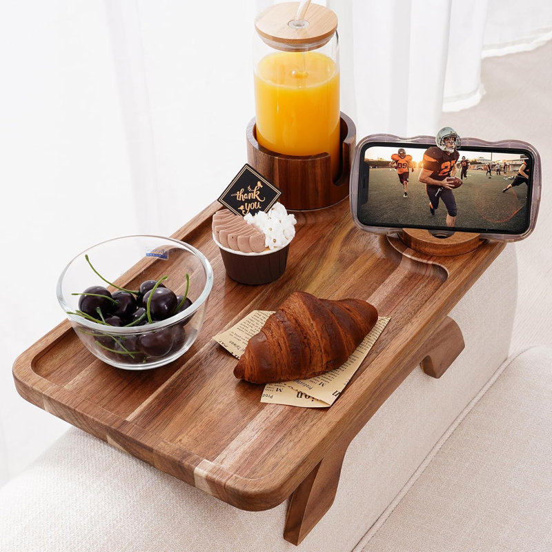 Plateau porte-gobelet pour canapé, table de bout en bois d'acacia 3 en 1 avec support pour téléphone pivotant à 360 ° sur l'accoudoir
