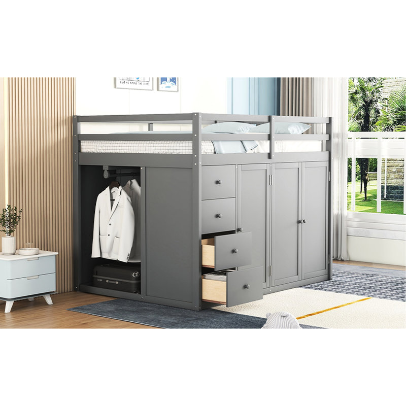 Loft Bed In Gray With Extensive Wardrobe Storage: Cabinets, Drawers, And Built-In Options Plentiful Storage Areas: Wardrobes, Drawers For Bedroom