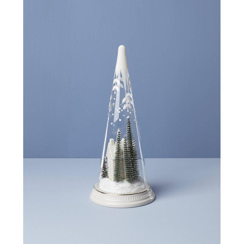 Lit Christmas Cone With Farmhouse Scene