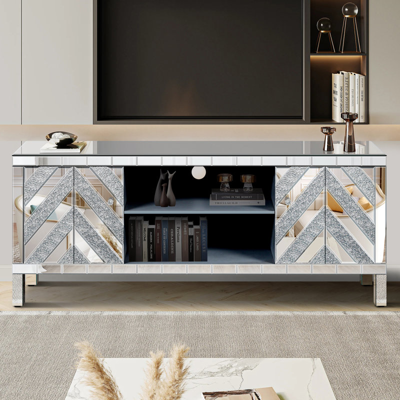 Meuble télé en miroir, console télé avec rangement ouvert et 2 armoires de rangement, portes miroir en forme de M pour le salon