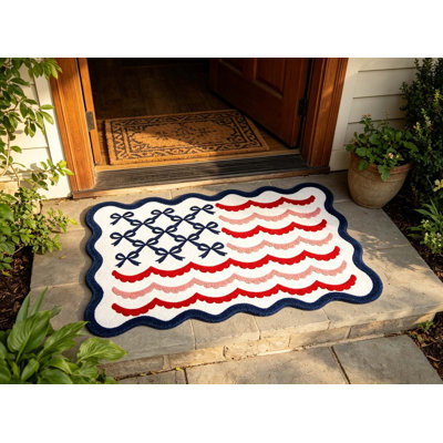  Patriotic Bow Flag Doormat Cute Wavy Entrance Carpet Suitable for Indoor and Outdoor Use