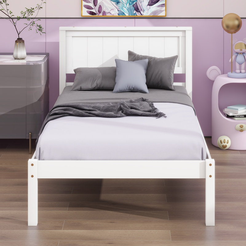 Base de lit plateforme avec tête de lit, support à lattes de bois, blanc