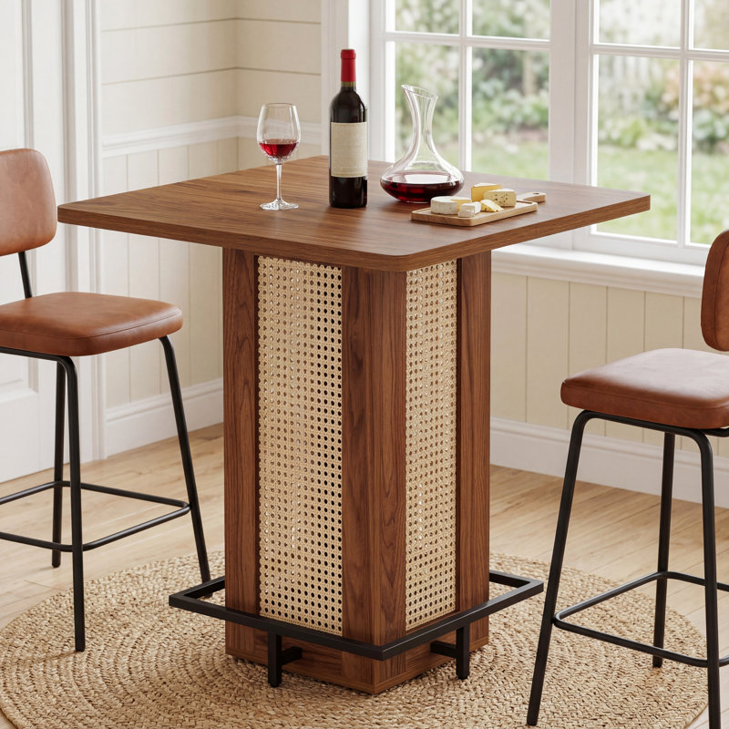 31.5" Square Rattan Bar Height Table, Compact Pub Table With Industrial Metal Footrest For Small Kitchen & Breakfast Nook