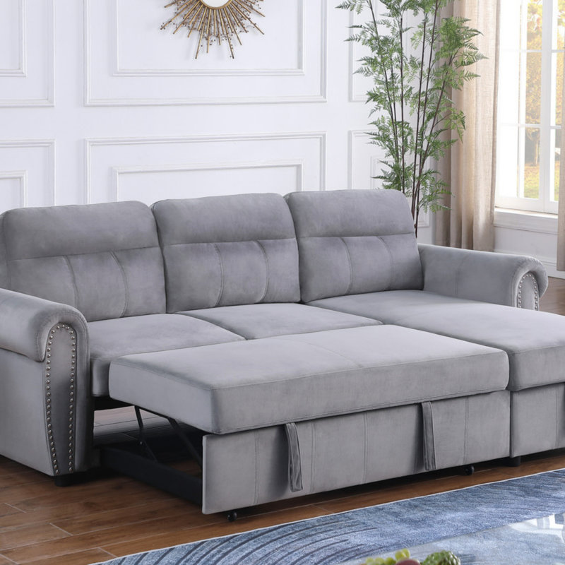 Velvet Fabric Reversible Sleeper Sectional Sofa Chaise, Gray