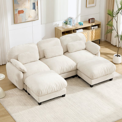 Canapé d'angle 3 places en forme de U, effet nuage, avec 2 poufs amovibles, canapé modulable en chenille douce, assise large et profonde, agencement libre pour grand salon, beige