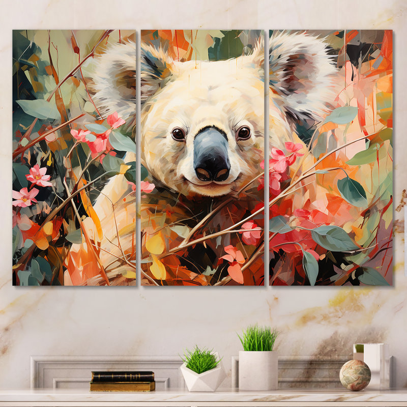 Floral, rose et vert Koala II - Koala, art mural animal, Toile tendue, H 32 po x l 48 po