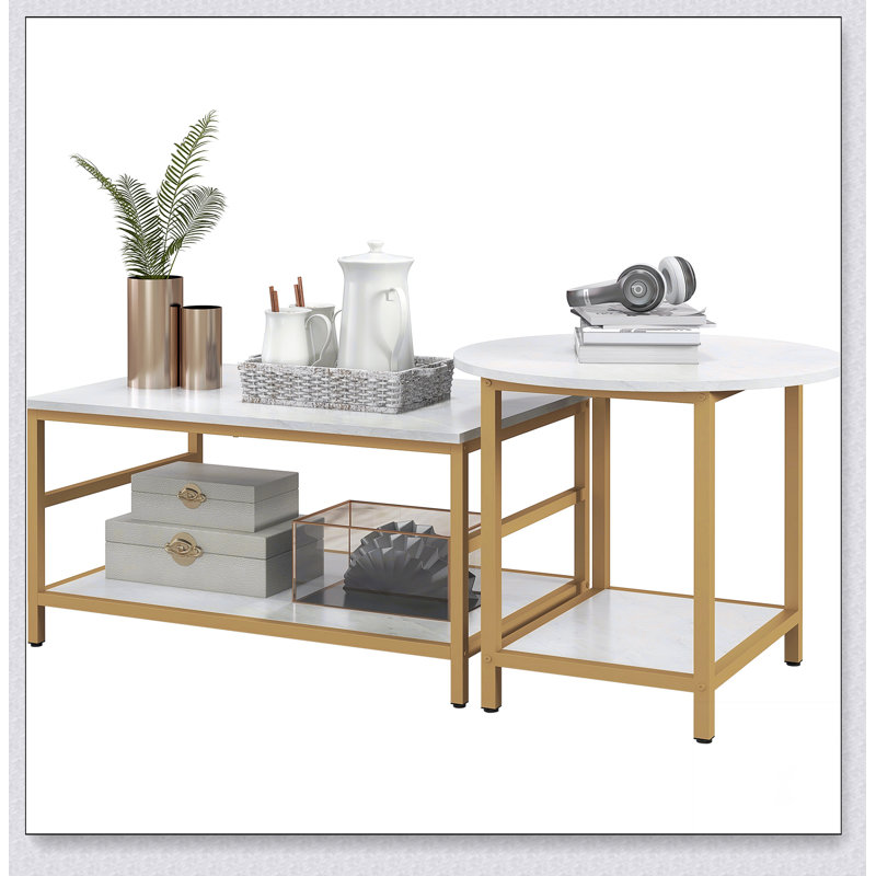 Coffee Tables Set of 2, 2-Rier Rectangle and Round Coffee Table with Storage Shelves