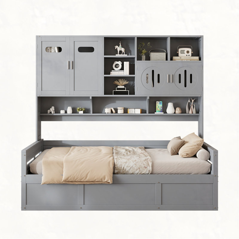 Wooden Daybed With Hydraulic bed and All-in-One Cabinet and Shelf, Twin, Gray