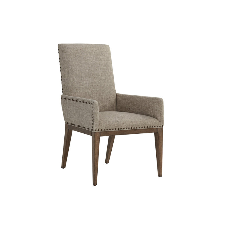 Gray Linen Upholstered Arm Chair with Wooden Base