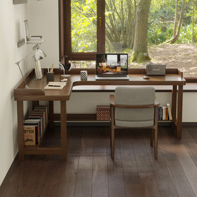 Bureau d'écriture en L en bois massif brun noisette