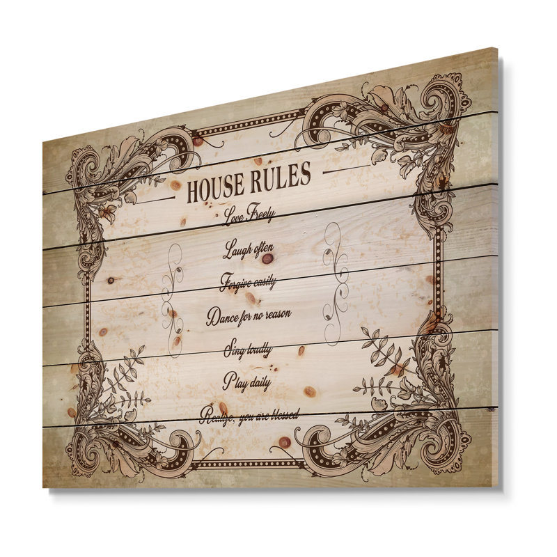 «house rules. « rétro cadre », art textuel sur bois, H 10 po x l 20 po x P 0,78 po