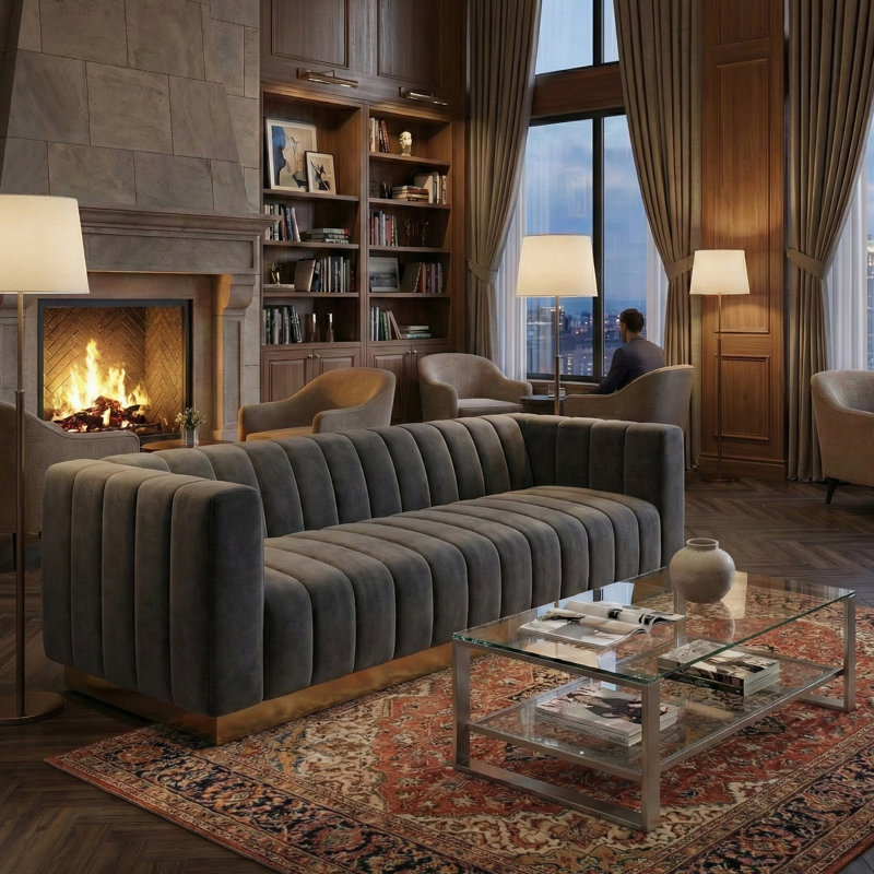 Canapé en velours de luxe Foxy avec bordure en laiton, l 87 po, entièrement assemblé, Espresso