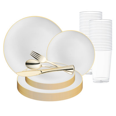 White with Gold Rim Organic Round Disposable Plastic Wedding Value Set - 120 Settings