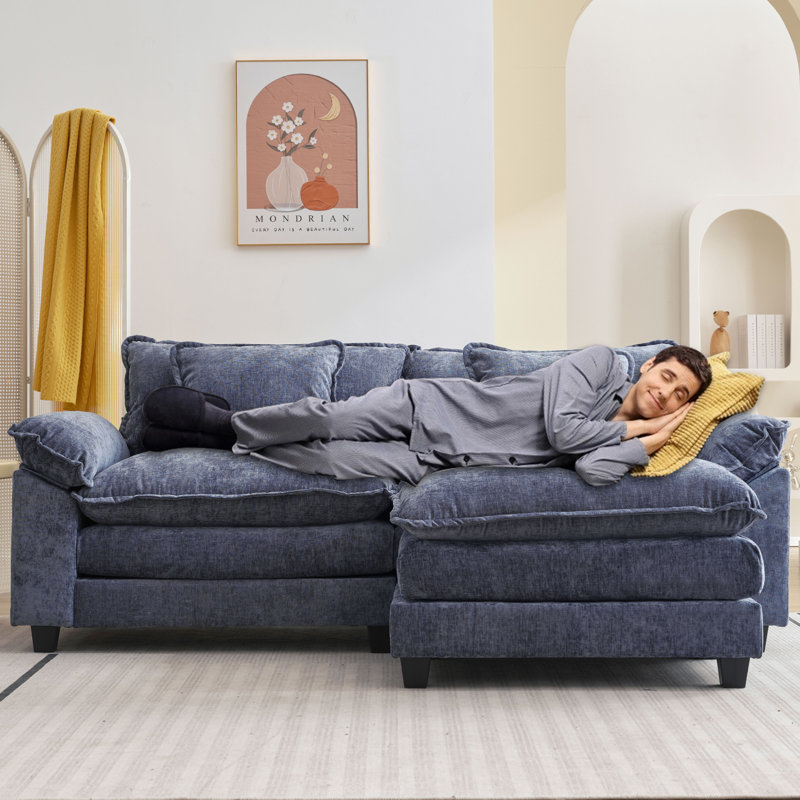 Arale 86'' Wide Comfy Cloud Couch Sectional Loveseat Sofa with Ottoman, Arale Blue Chenille