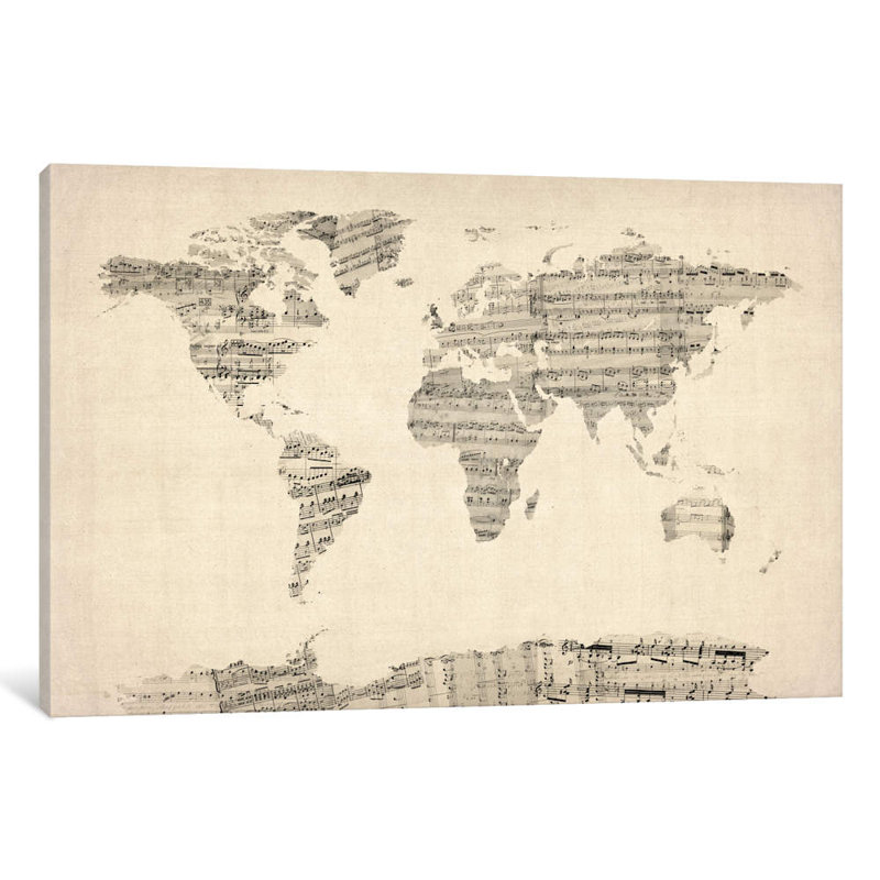 Old Sheet Music World Map by Michael Tompsett - Print on Canvas, No Frame, 66.04 cm H x 45.72 cm W x 3.175 cm D