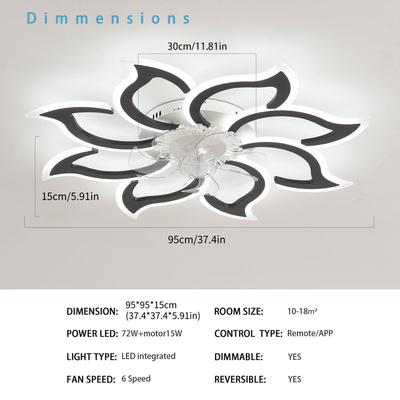 Kazuhito 37.4'' 7- Blade Dimmable LED Reversible Flush Mount Ceiling Fan With Remote And App, Black