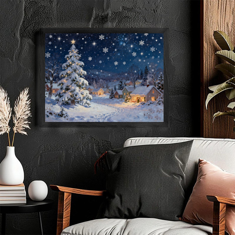 Art mural de village de Noël fantaisiste noir encadré, décor de scène d'hiver enneigé, 37" H x 25" W
