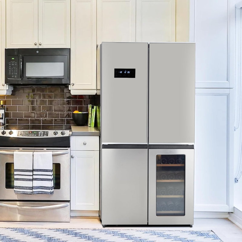 4 Door French Door Refrigerator, 21 Cu.Ft Counter Depth Stainless Steel Refrigerators, Multifunctional Fridges with Freezer, Refresh, and Wine Cooler for Kitchen, Bedroom, Office, Dorm