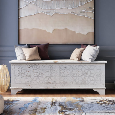 Geometric Carved Solid Wood Storage Ottoman