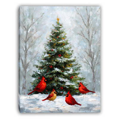 «Cardinals by the Christmas Tree», art mural sur toile