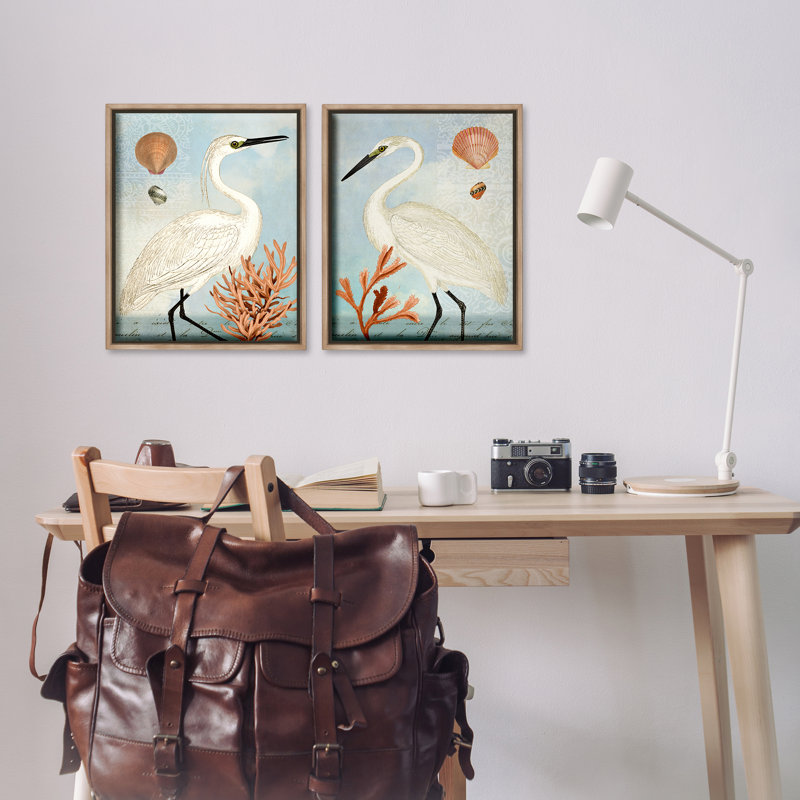 «Beach Beach» par Heron Egret, ensemble de 2 toiles flottantes encadrées par Susan Arnot, Cadre flottant orme Montalcino