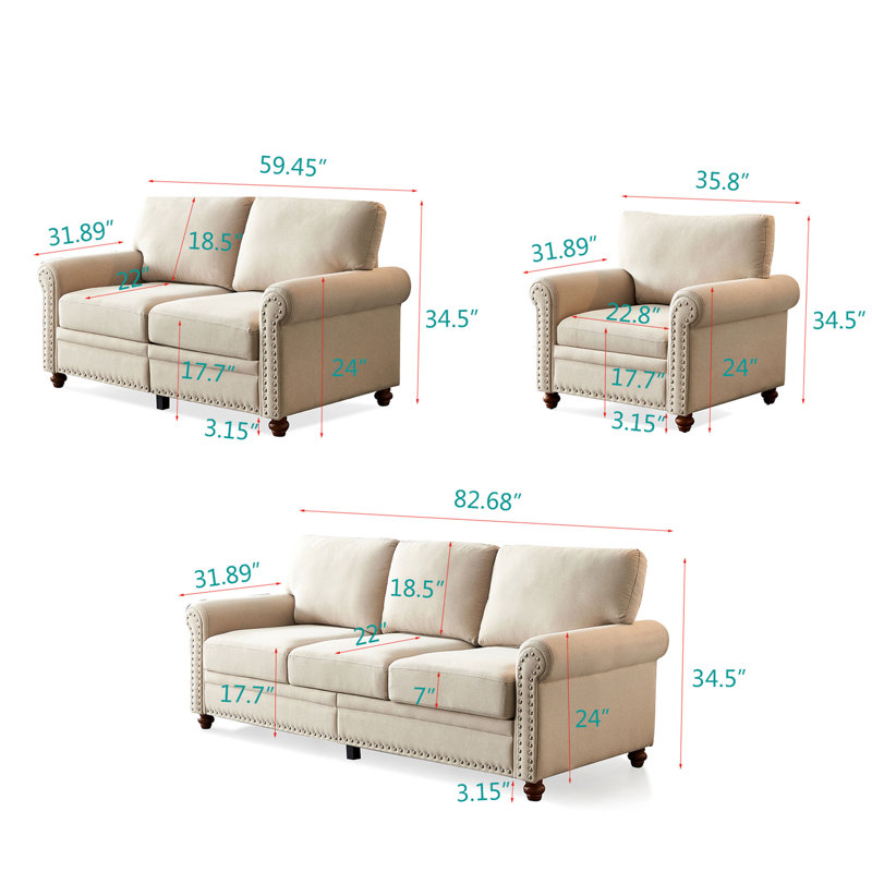 Ensemble de salon 3 pièces, 100 % polyester beige