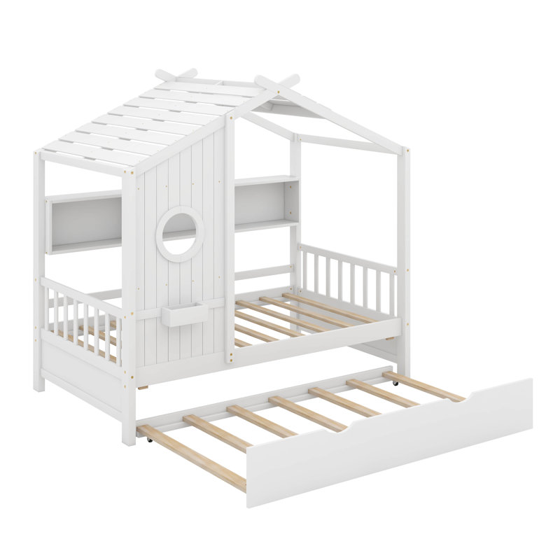Lit simple avec lit gigogne et tablette, Blanc