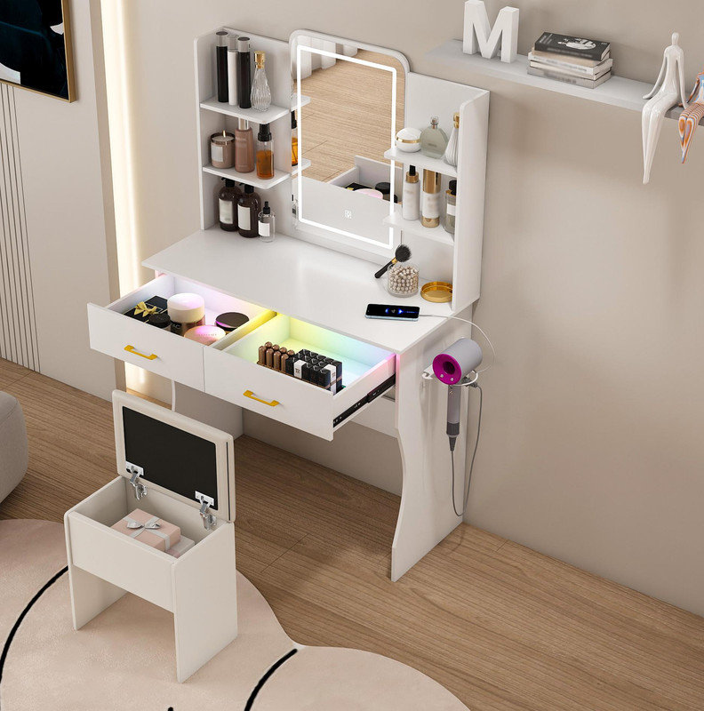Table de coiffeuse moderne avec lumières DEL - 3 modes d'éclairage, prise et rangement intégrés, avec chaise