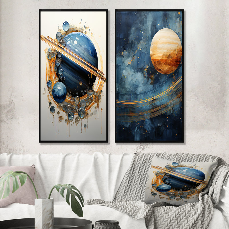 Sapphire Saturn Cosmic Wonder - ensemble de 2 décorations murales planètes, H 28 po x l 25 po, Cadre noir