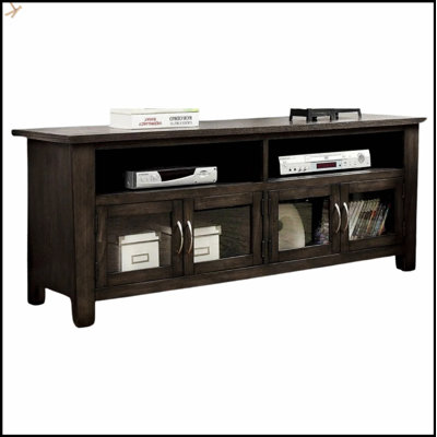 Transitional Style TV Console With Dual Cabinets And Open Shelves, 3Mm Tempered Glass Doors, And Rear Wire Access